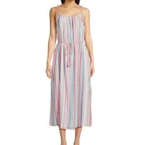 Time and Tru Women's Coral Stripe Tie Shoulder Linen Blend Maxi Dress XL New